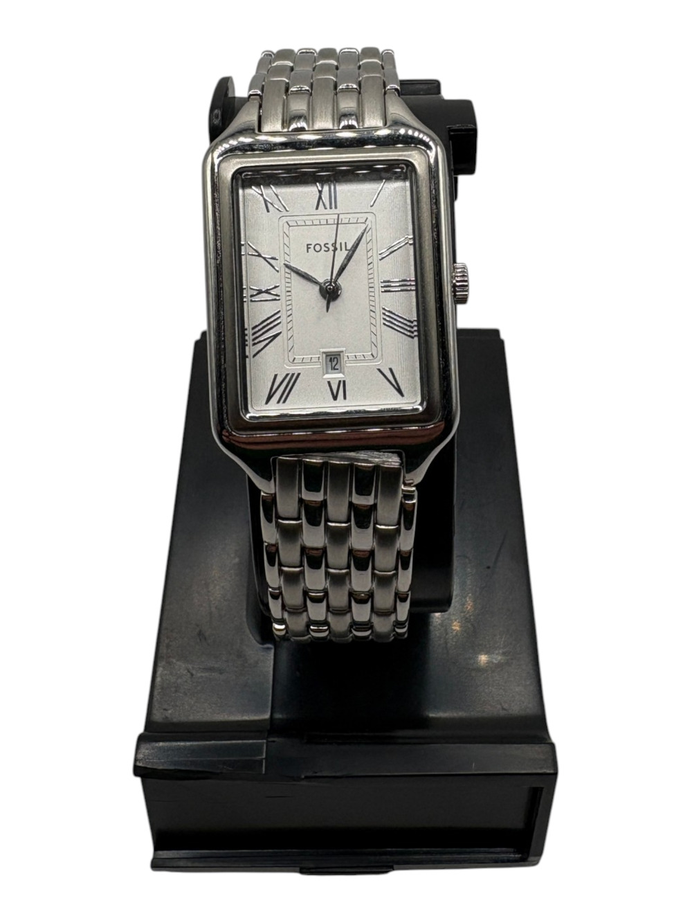Fossil Rectangle Dress Watch Womens Silver Roman Numeral Date Window